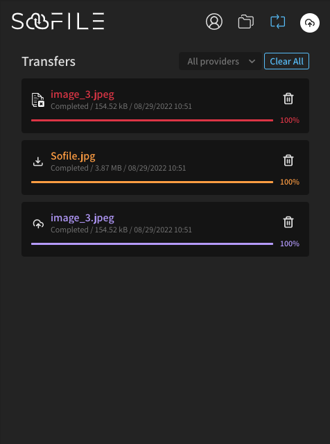 Sofile transfer page where the progress of user operations is displayed
